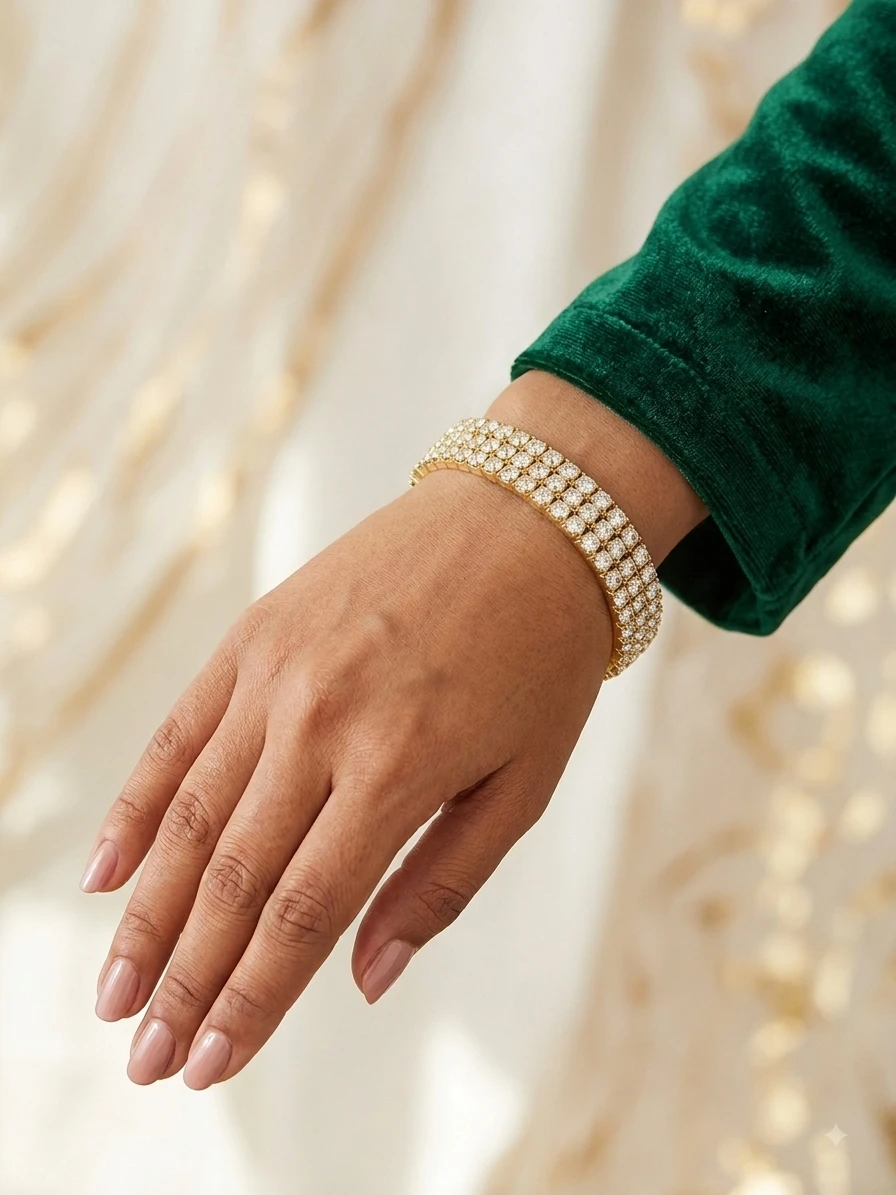Golden Tone 3-Row Crystal Bangle Bracelet