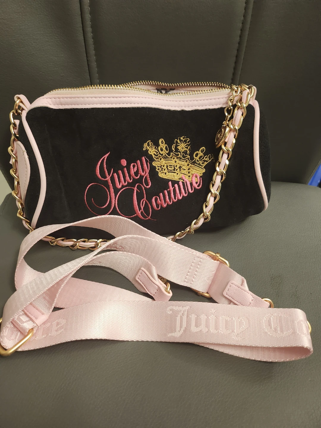 Juicy Couture Black & Pink Velour Barrel Bag with Chain Strap