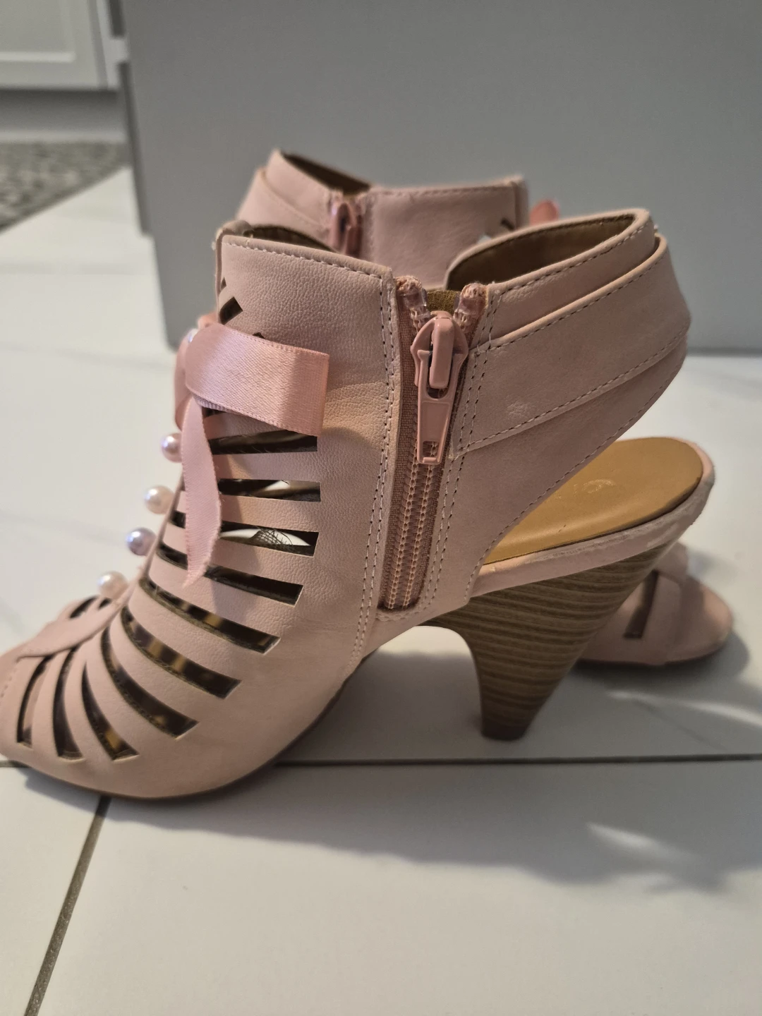 Pink Strappy Heels with Bows & Pearls - photo 4