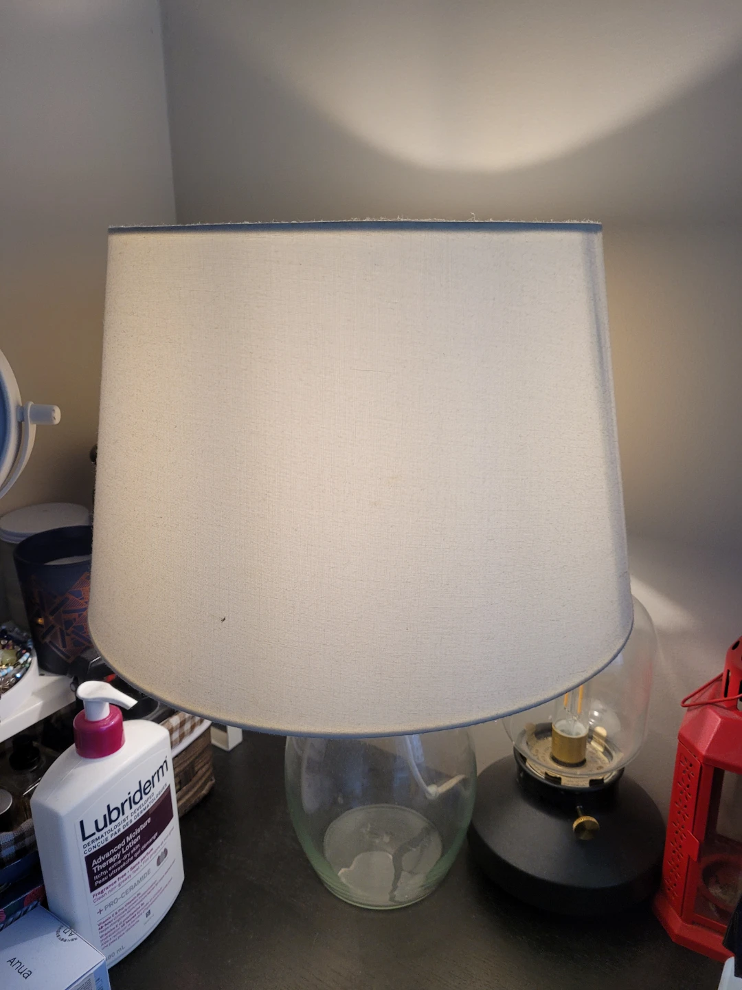 Glass Base Table Lamp with White Shade