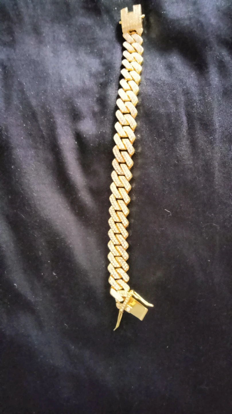Gold Tone Cuban Link Bracelet with Rhinestones