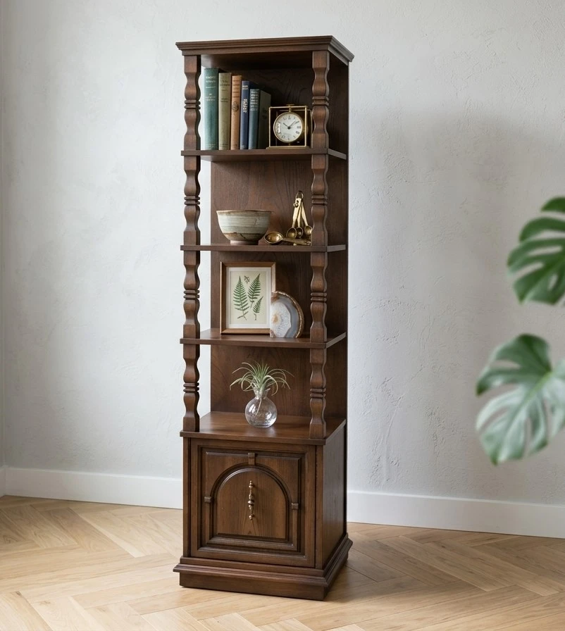 Beautiful Vintage Wooden Etagere Tower Shelf w/ Lower Cabinet.