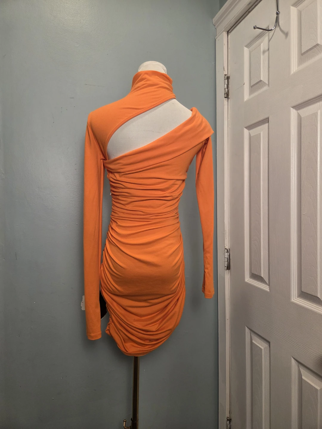 Orange Ruched Cutout Mock Neck Long Sleeve Mini Dress - photo 2
