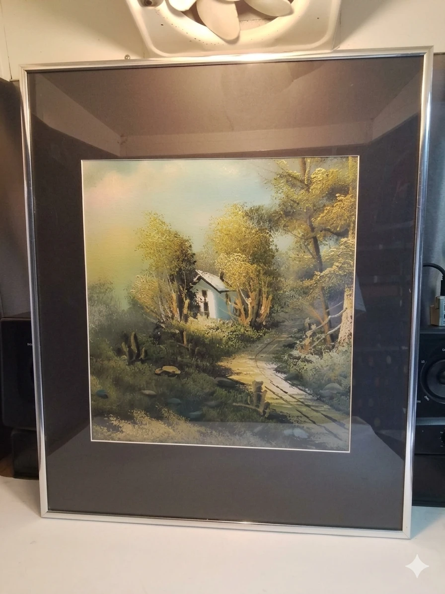 Vintage Mid-Century "Cabin in the Woods" Framed Oil Painting