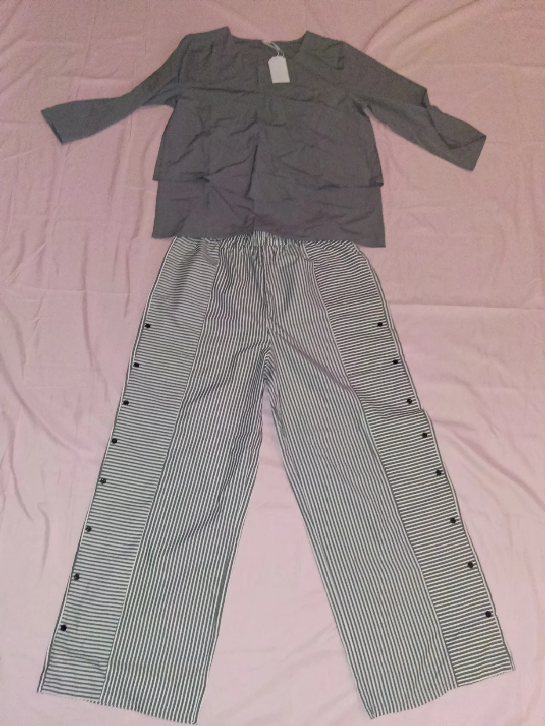 Gray layered top and striped pants set