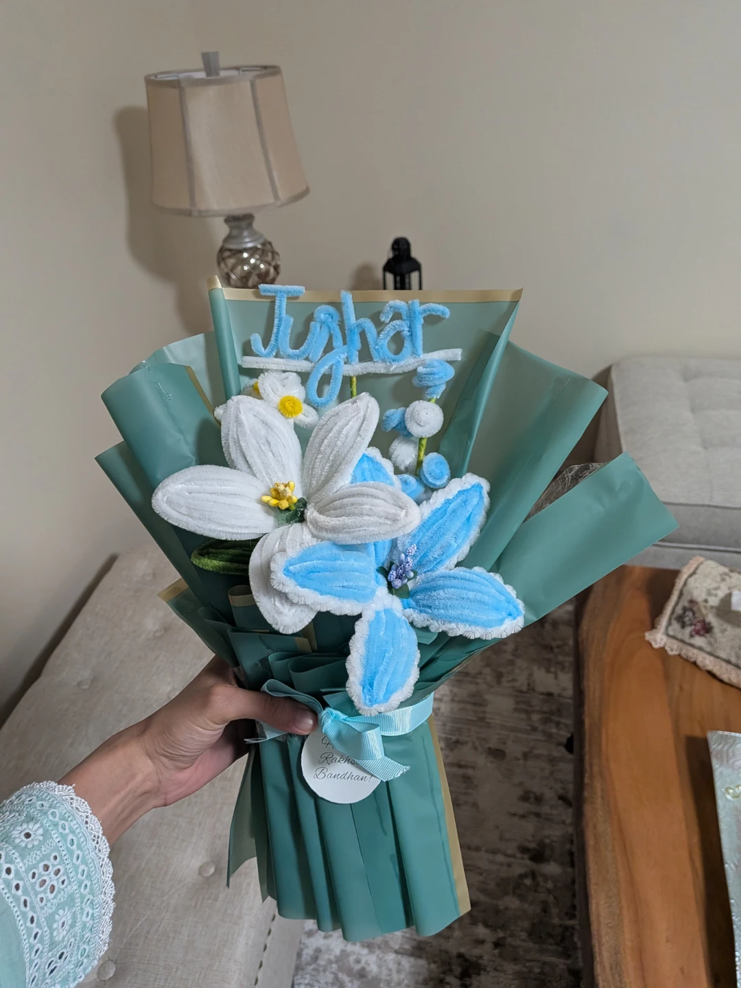 Nush customized Handmade Pipe Cleaner Flower Bouquet with Rakhi - photo 5