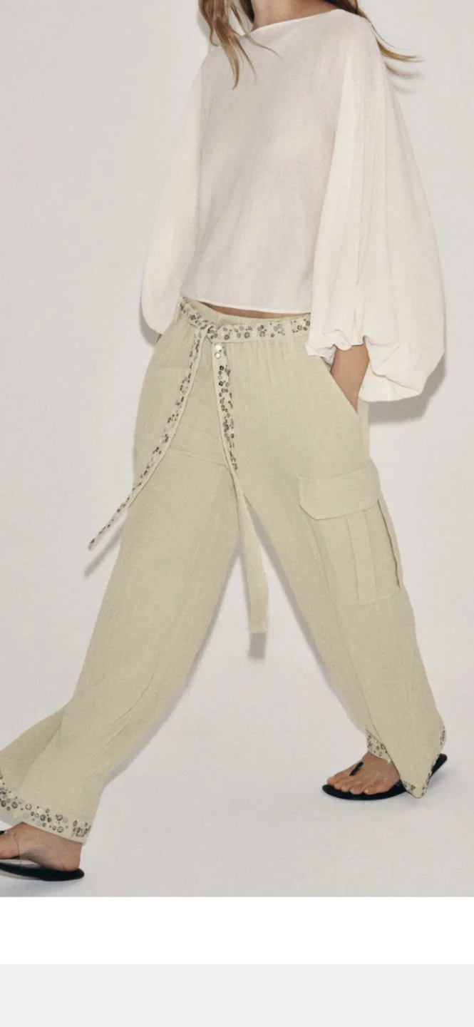 Zara Beige Sequin Belt Cargo Pants XL - photo 2