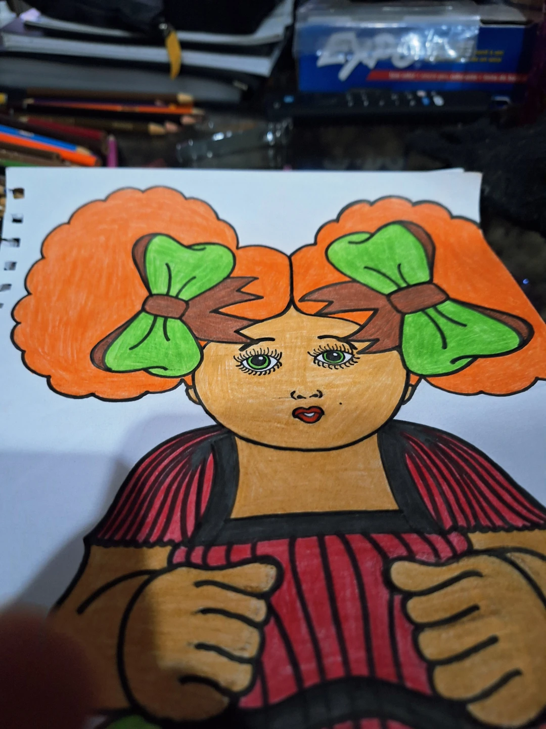 Hand-drawn girl with orange hair and green bows