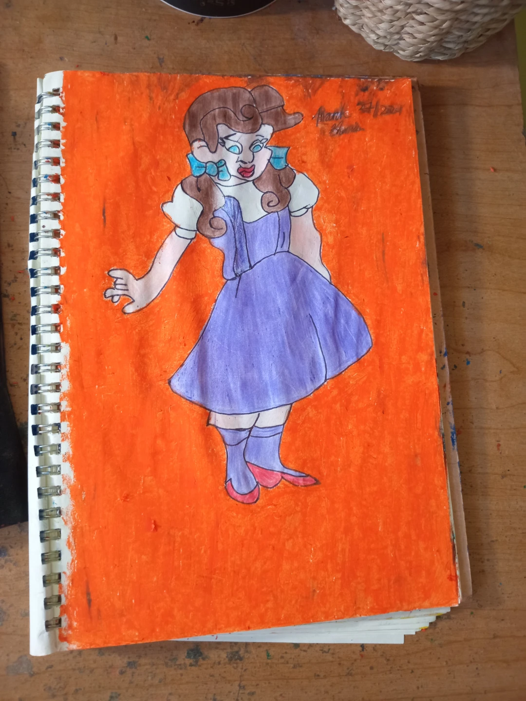 ORANGE BACKGROUND PURPLE DRESS GIRL DRAWING - photo 4
