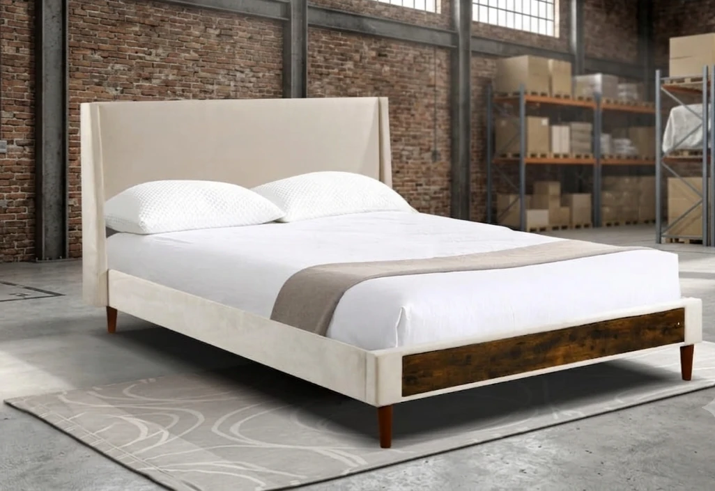 Upholstered Platform Queen Bed Frame with Wood Accent