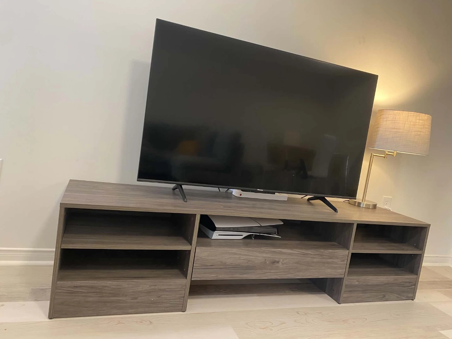 Grey Wood TV Stand with Drawer and Shelves