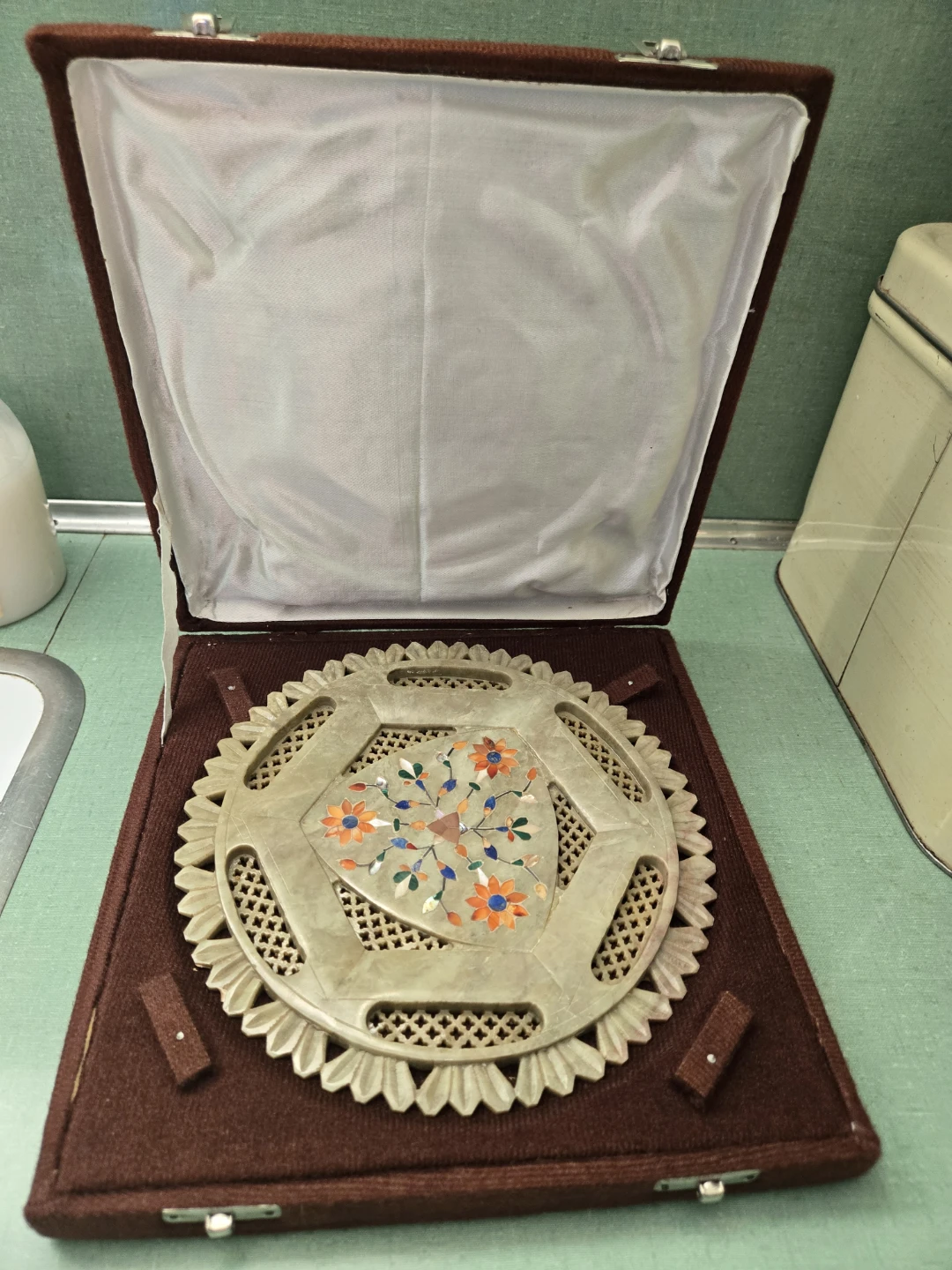 Vintage * Pietra Dura Art * CARVED *MARBLE PLATE * Display Box