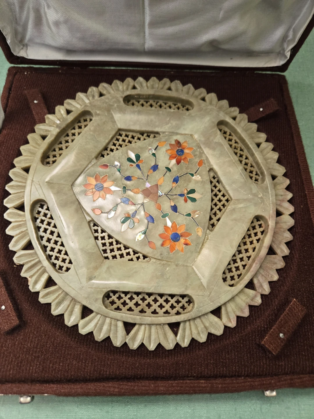 Vintage * Pietra Dura Art * CARVED *MARBLE PLATE * Display Box - photo 2