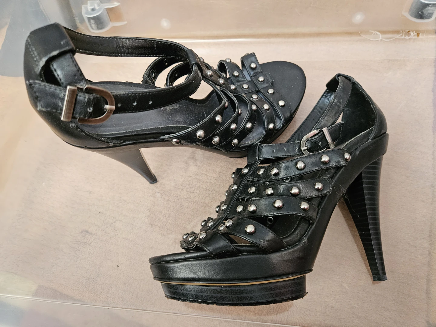 Black Studded High Heels Sandals 7.5