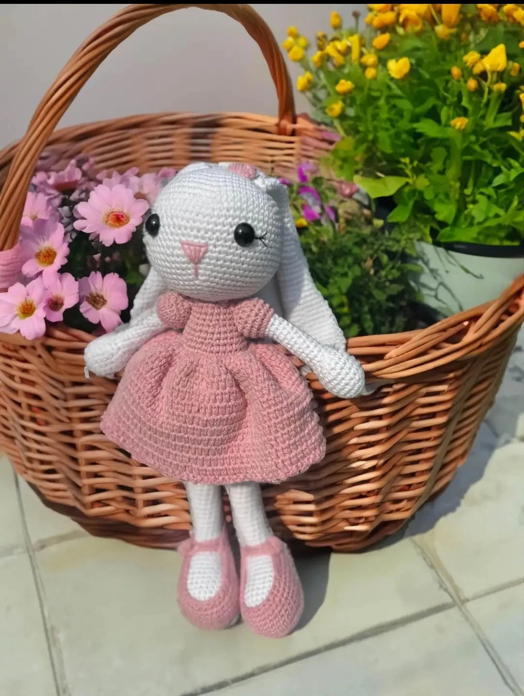 Hand-Crocheted Bunny Doll with Pink Dress