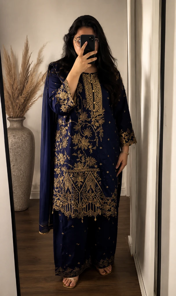 Embroidered Royal Blue Kurti and Plazo set