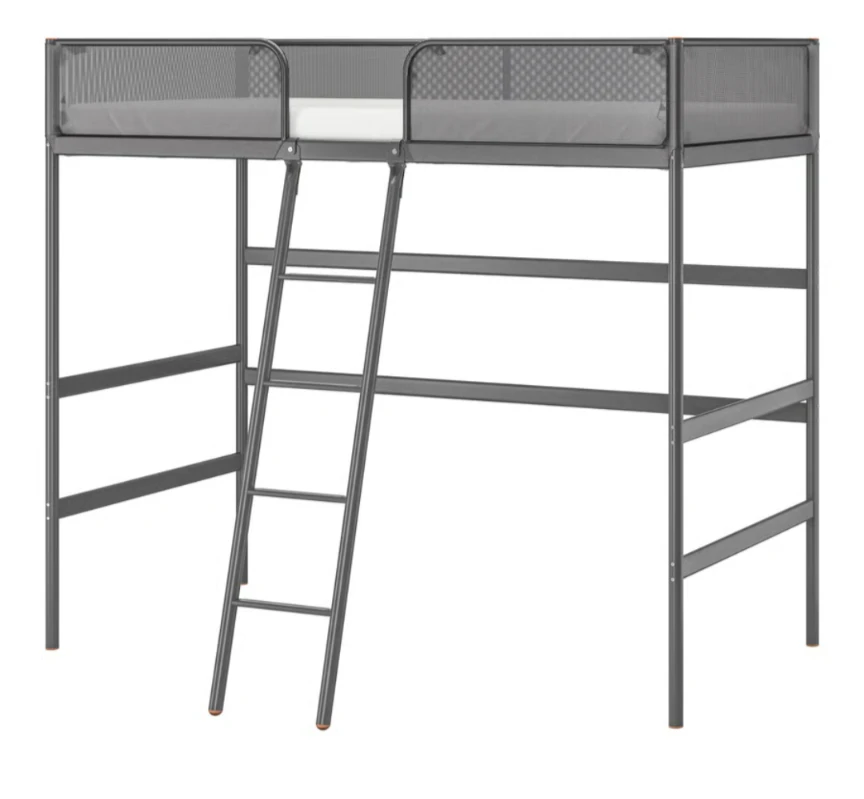 Grey Metal Loft Bed Frame with Ladder and mattress