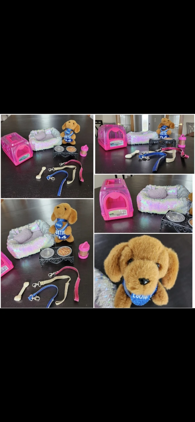 Justice toy pup with crate, bed, leashes, food, bone