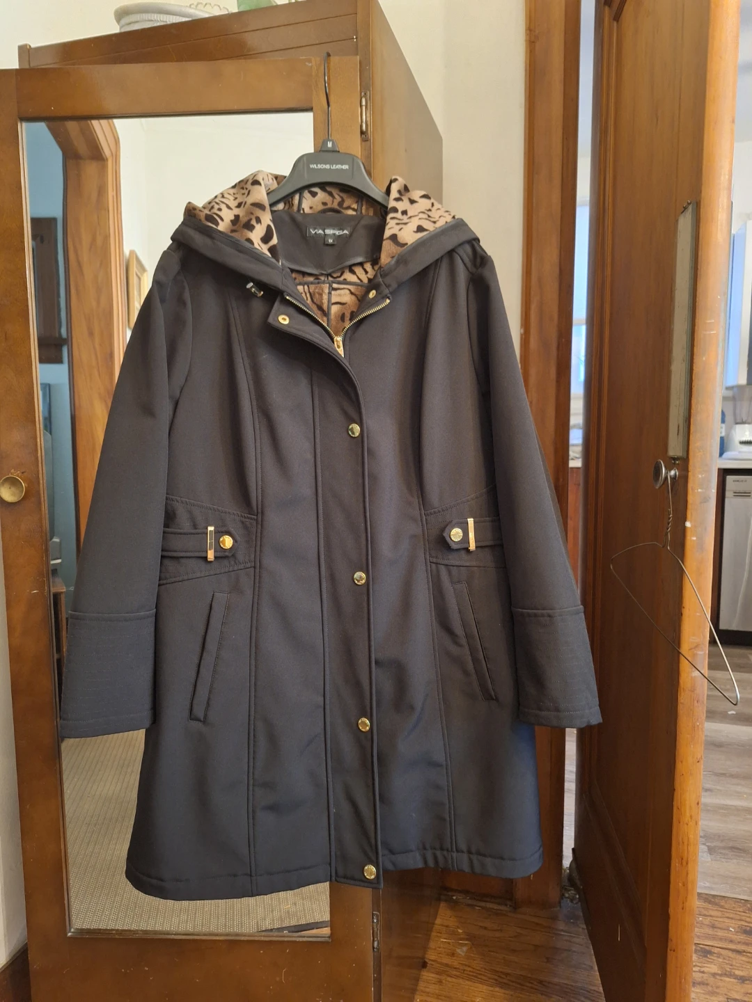Via Spiga Black Hooded Parka Jacket with Leopard Print  - 1X - photo 2