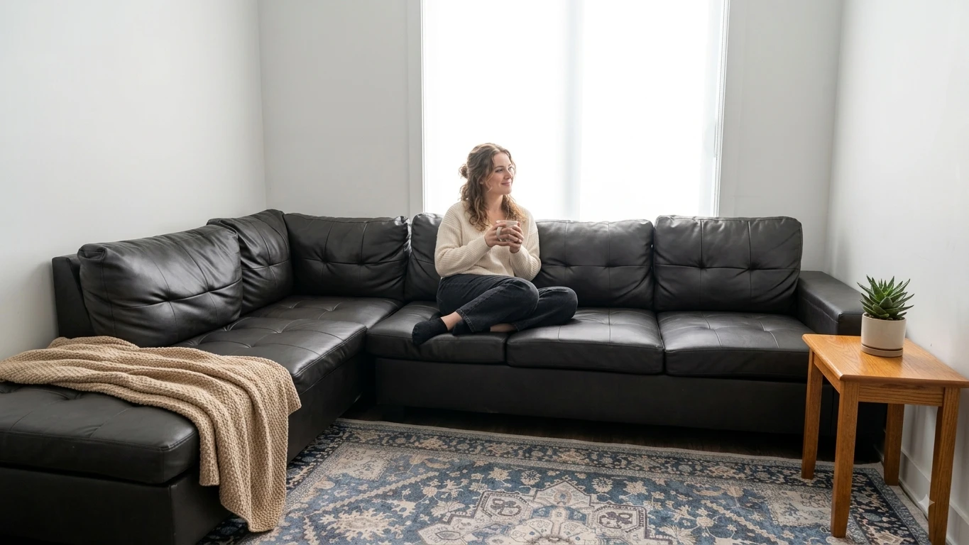 Black Faux Leather Sectional Sofa - photo 2