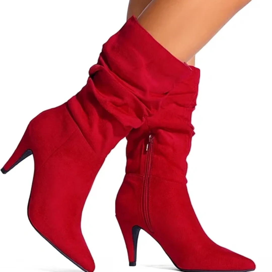 Dream Pairs Red Suede High Heel Mid Calf Boots
