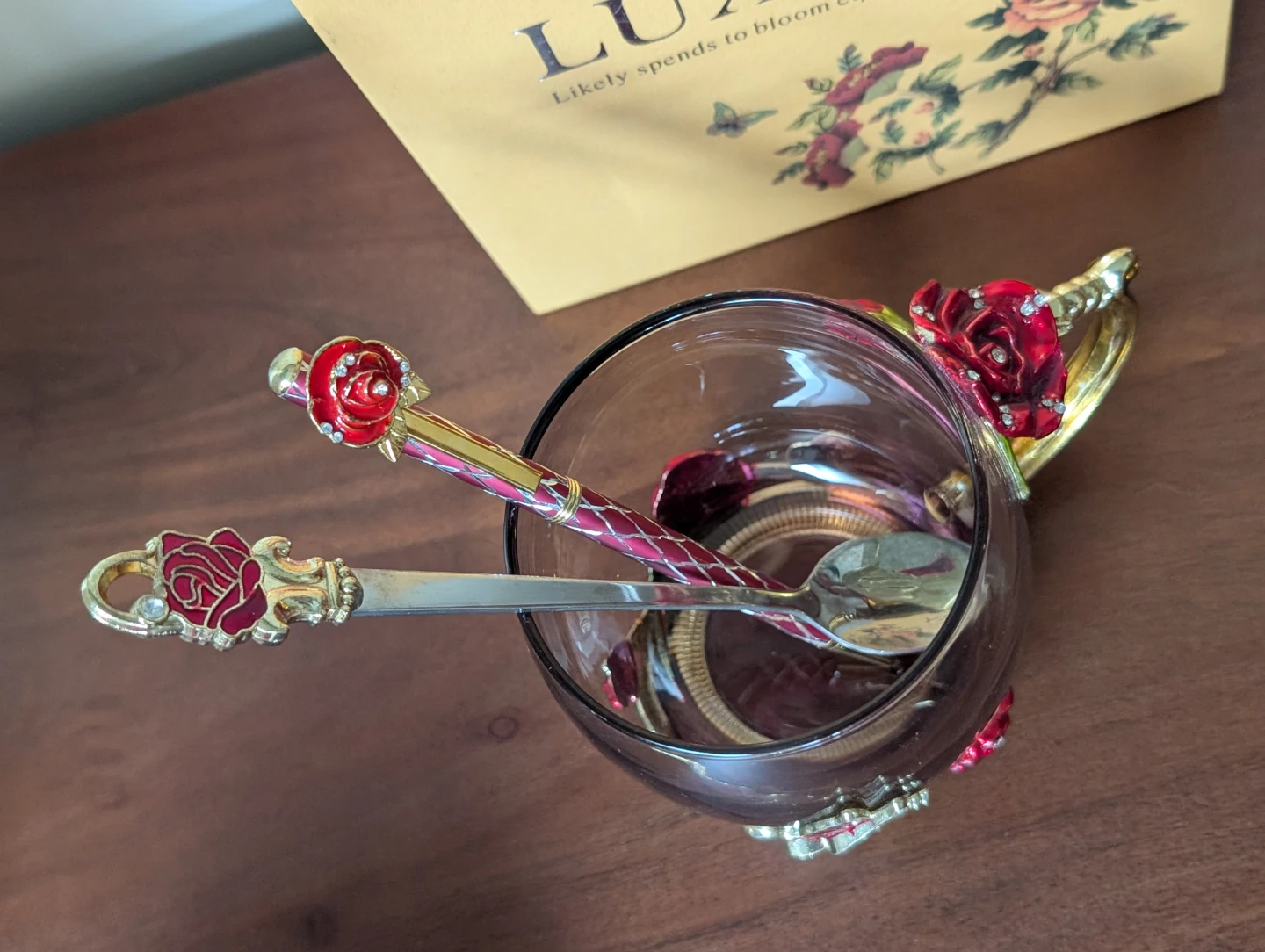 Luxury Rose Design Glass Mug with Spoon Set - photo 3