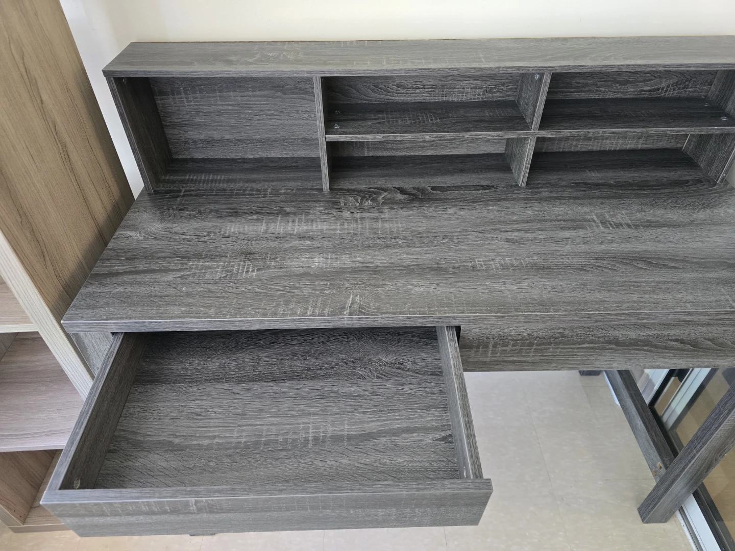 Grey Wood Writing Desk with Shelves and Drawers - photo 3