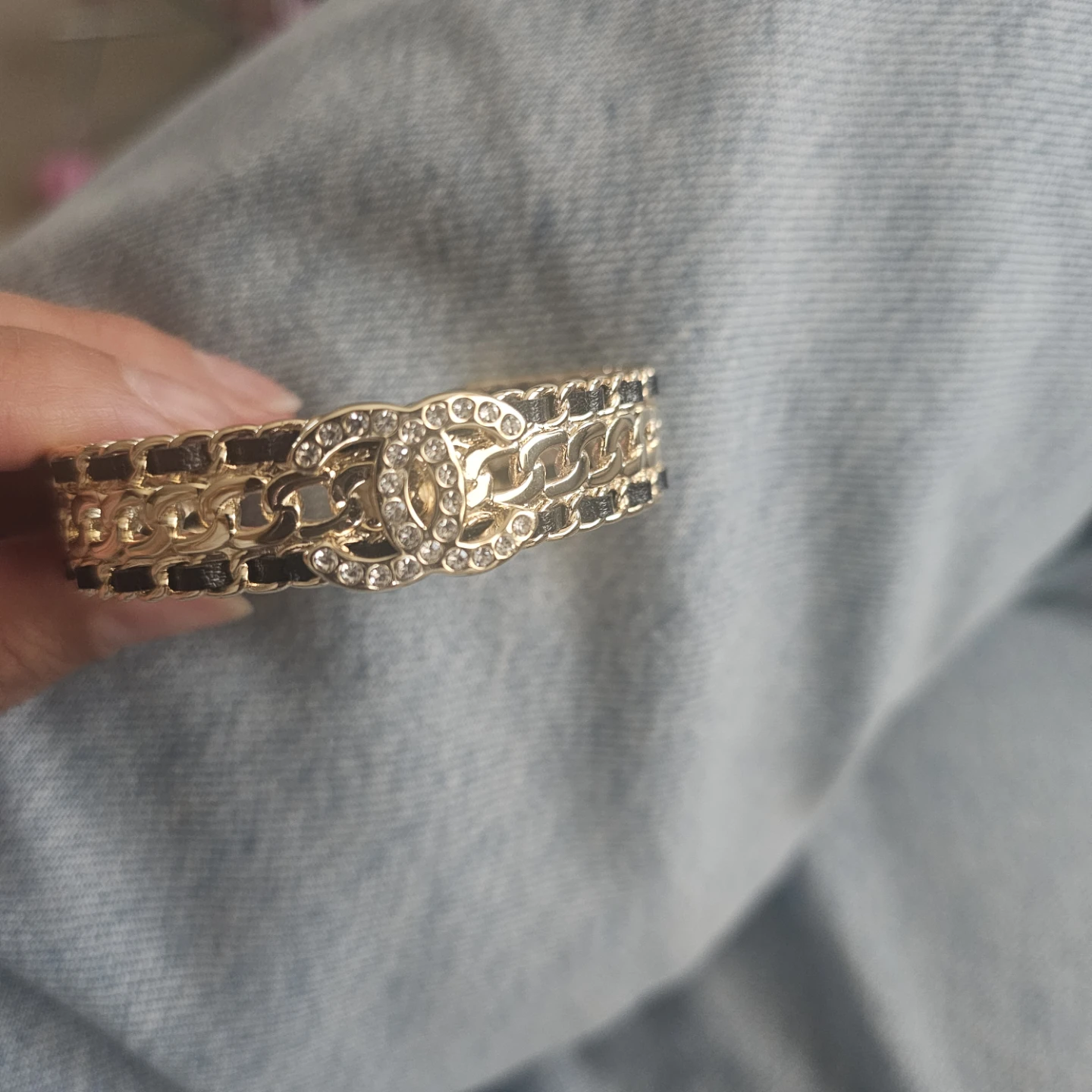 Chanel CC Logo Rhinestone & Black Leather Cuff Bracelet