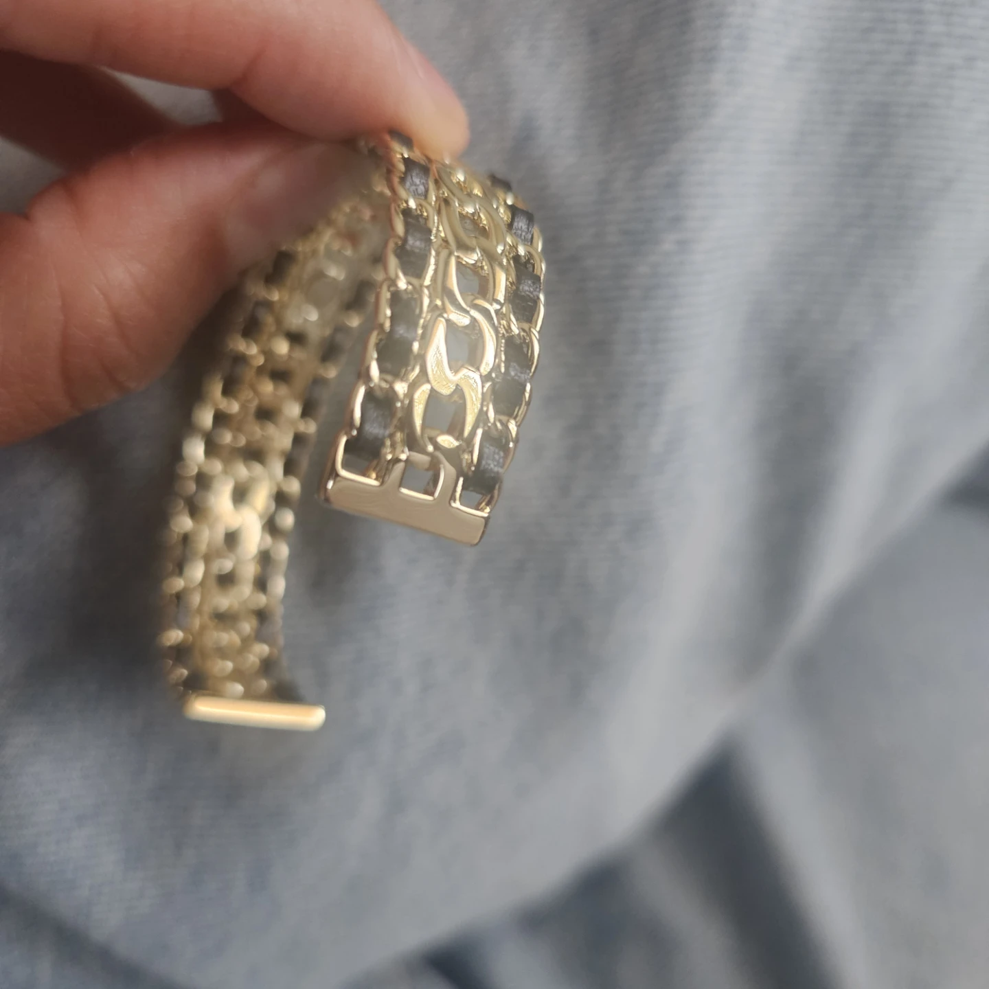 Chanel CC Logo Rhinestone & Black Leather Cuff Bracelet - photo 2
