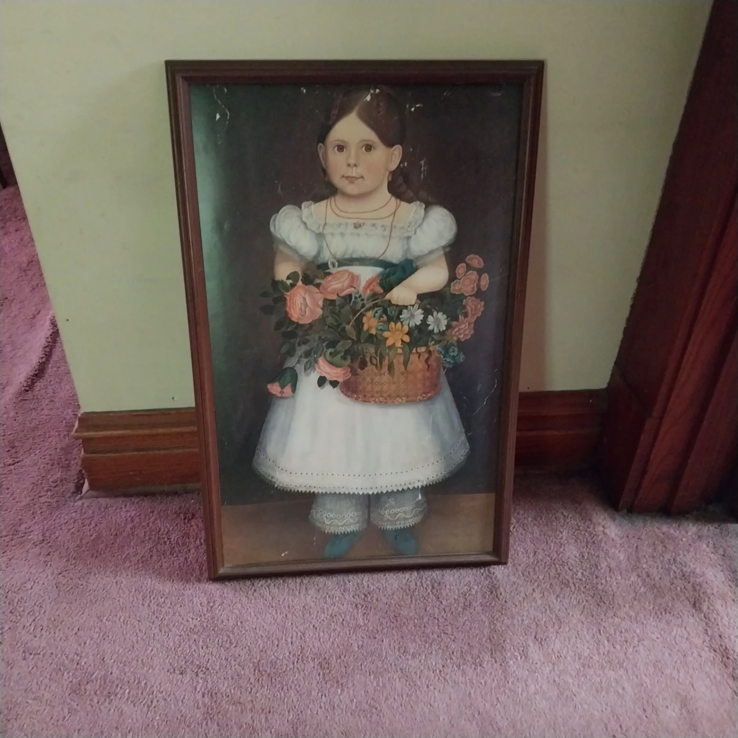 Framed Painting of Girl with Flower Basket