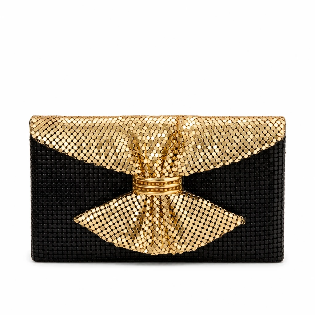 Black & Gold Mesh Bow Clutch Handbag