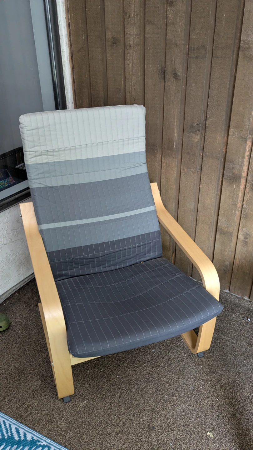 IKEA POÄNG armchair with grey striped cushion