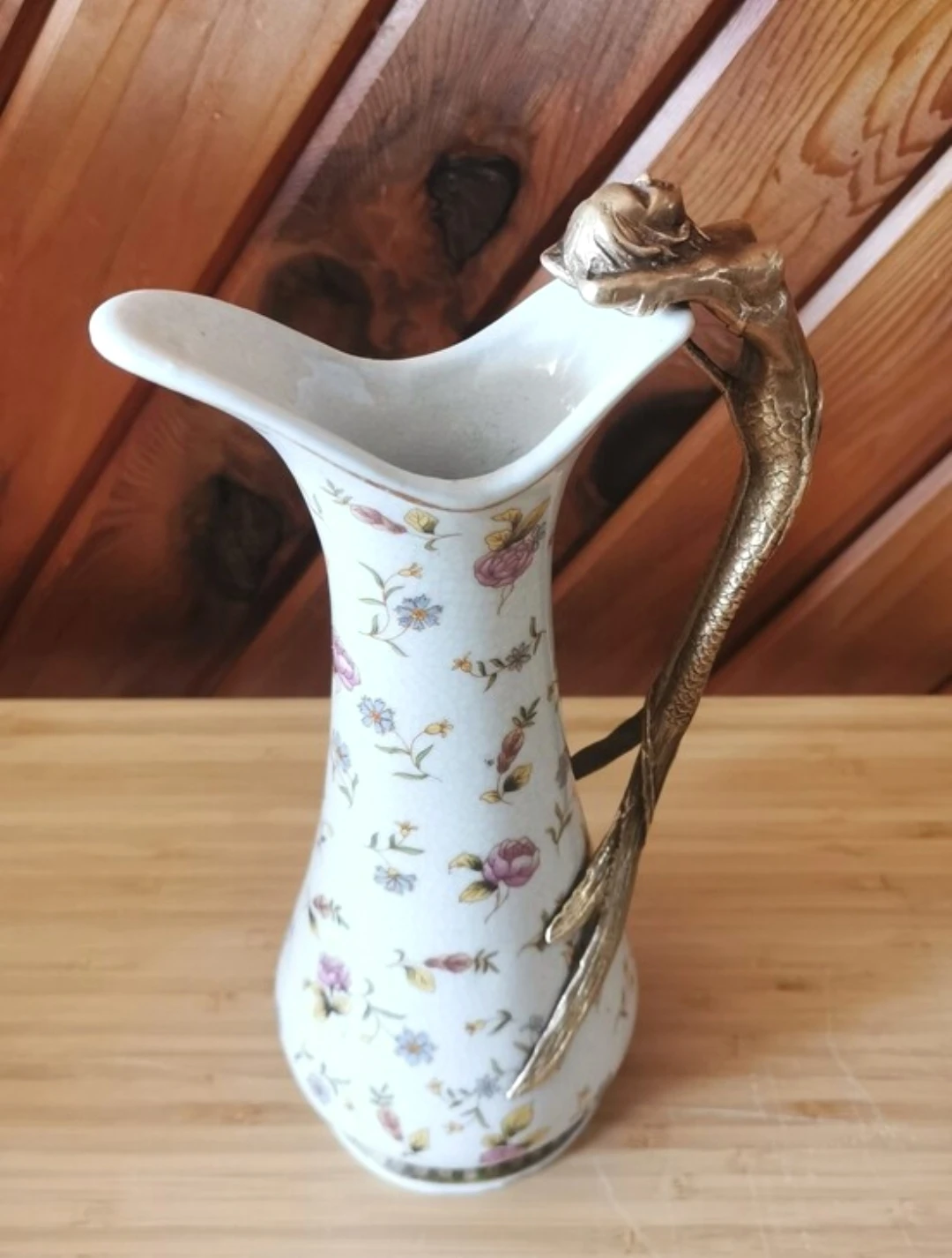 Art Nouveau Porcelain Ewer/Carafe/Vase Bronze Mermaid Handle - photo 3
