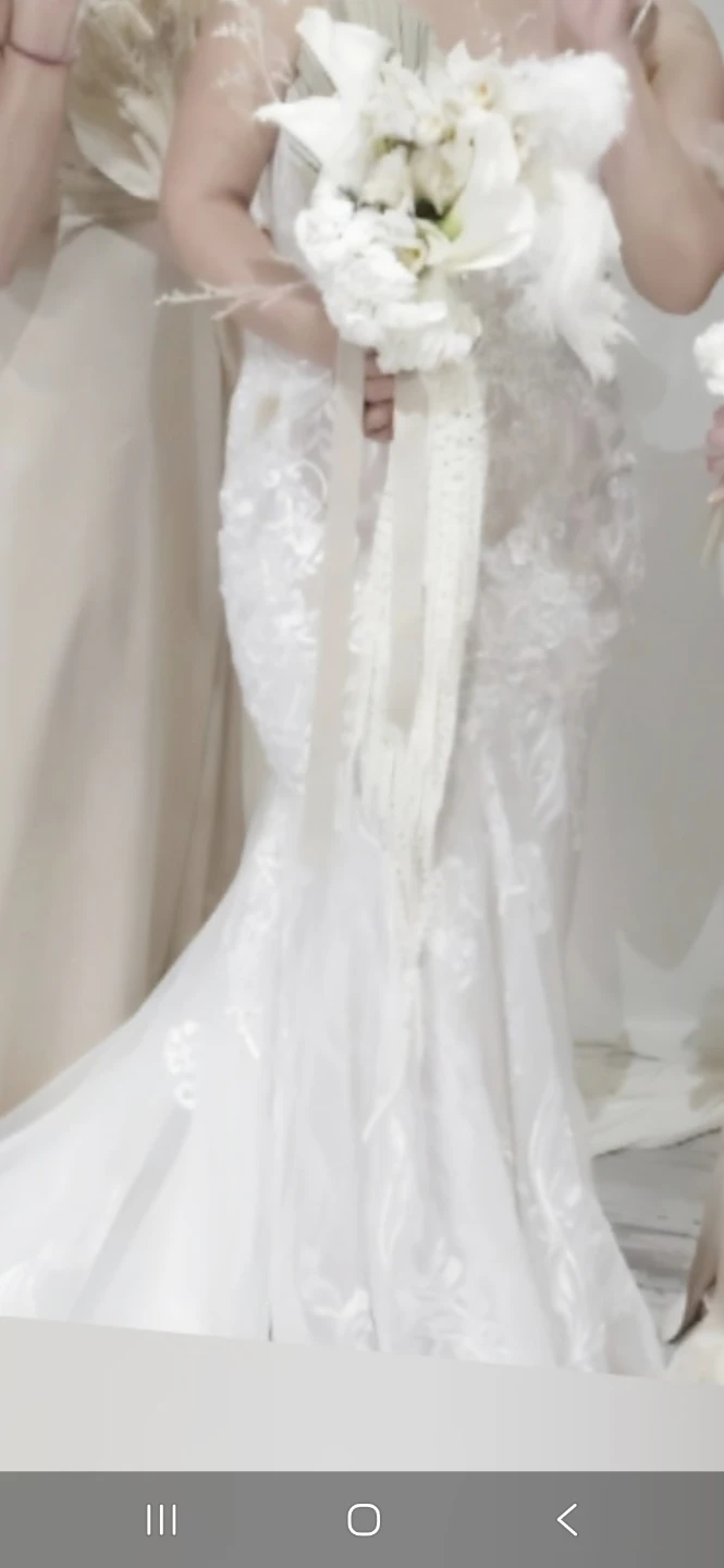 White Lace Mermaid Wedding Dress - Azazie Camlynn Nude - photo 2