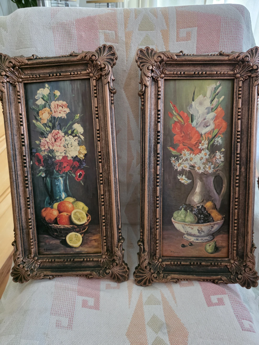 Vintage Framed Floral & Fruit Still Life Paintings (Set of 2)
