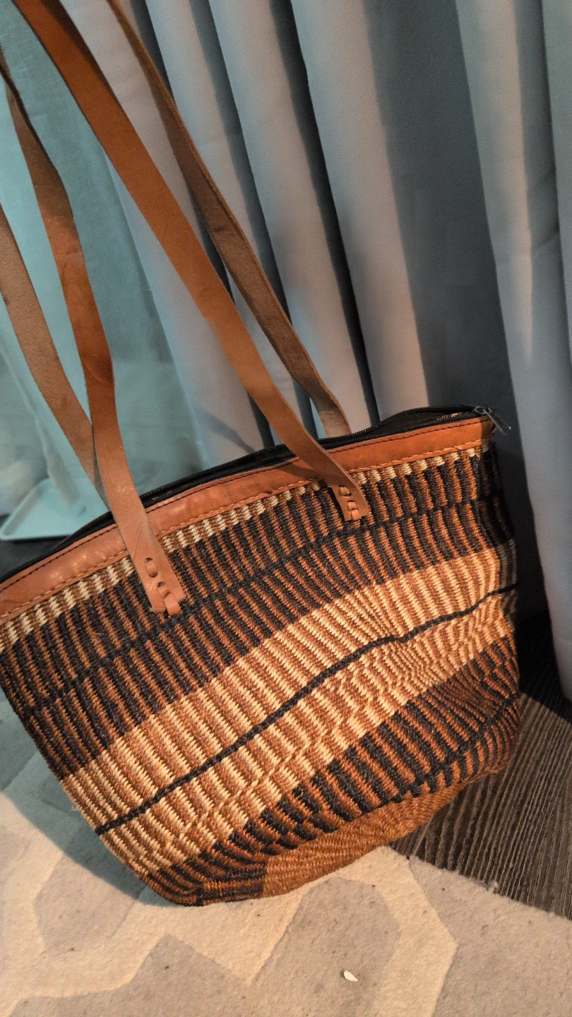 Woven Tote Bag with Leather Straps