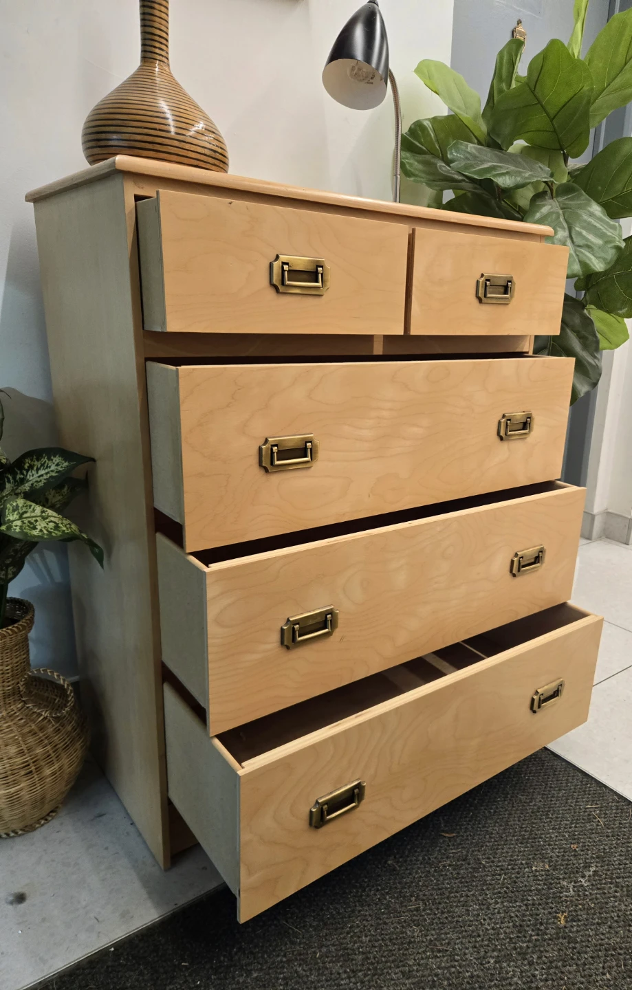 Vintage 5 Drawer Tallboy Dresser With Brass Pull Handles - photo 5