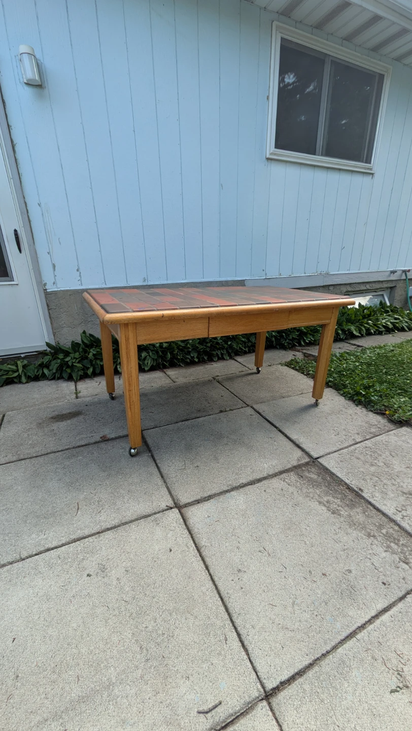 Wooden Dinner Table with Tile Top and Drawer