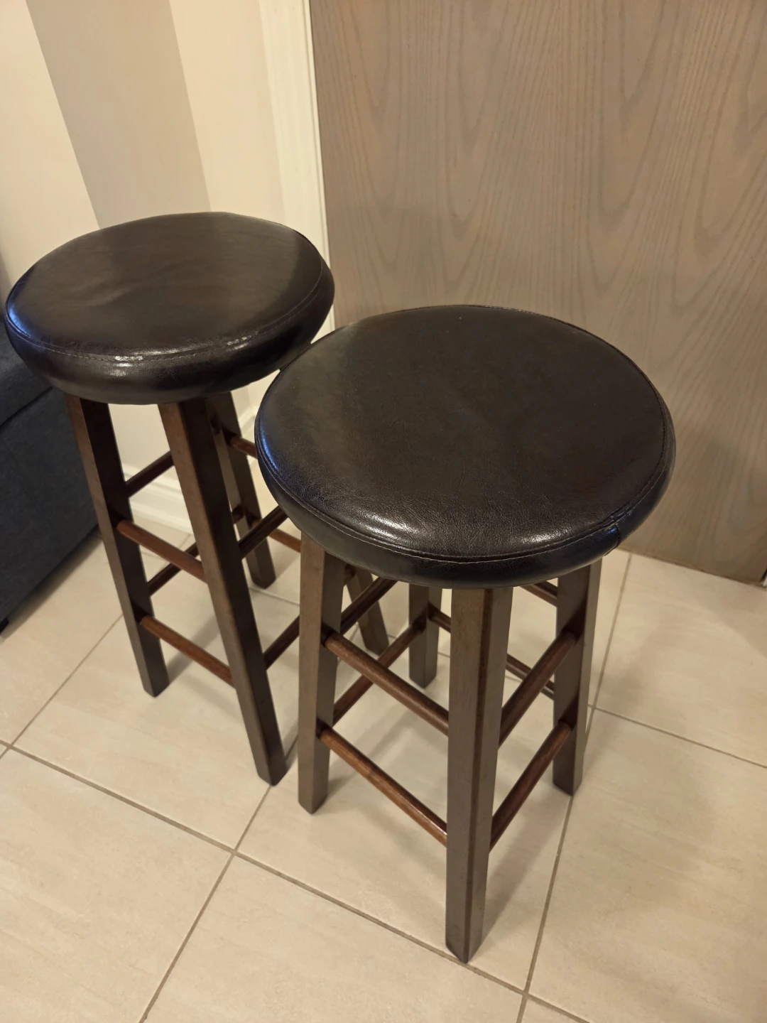 Pair of Dark Brown Faux Leather Bar Stools