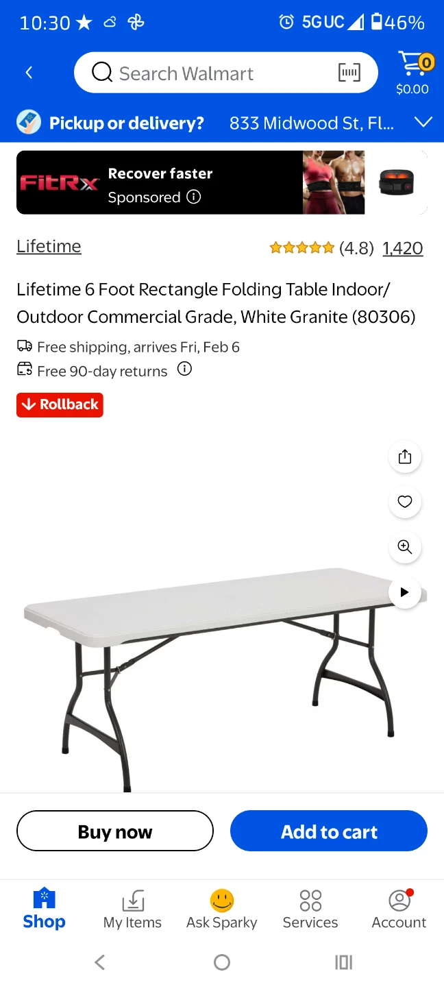 6 Foot Rectangle Folding Table - White Granite