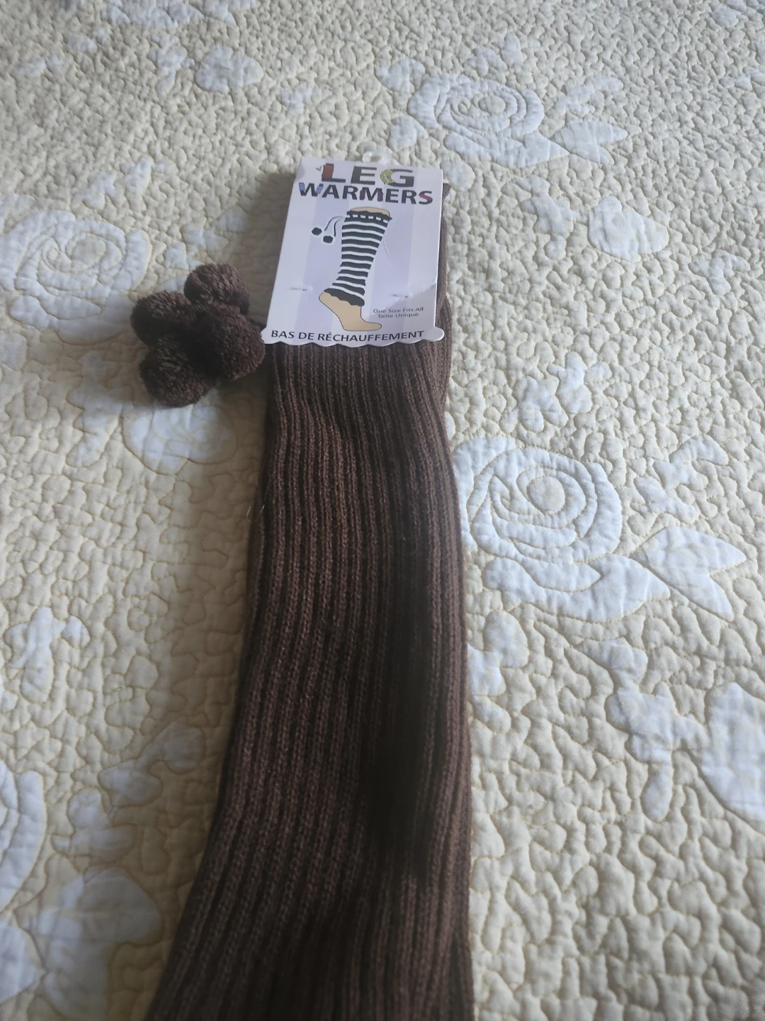 Brown pom pom leg warmers one size