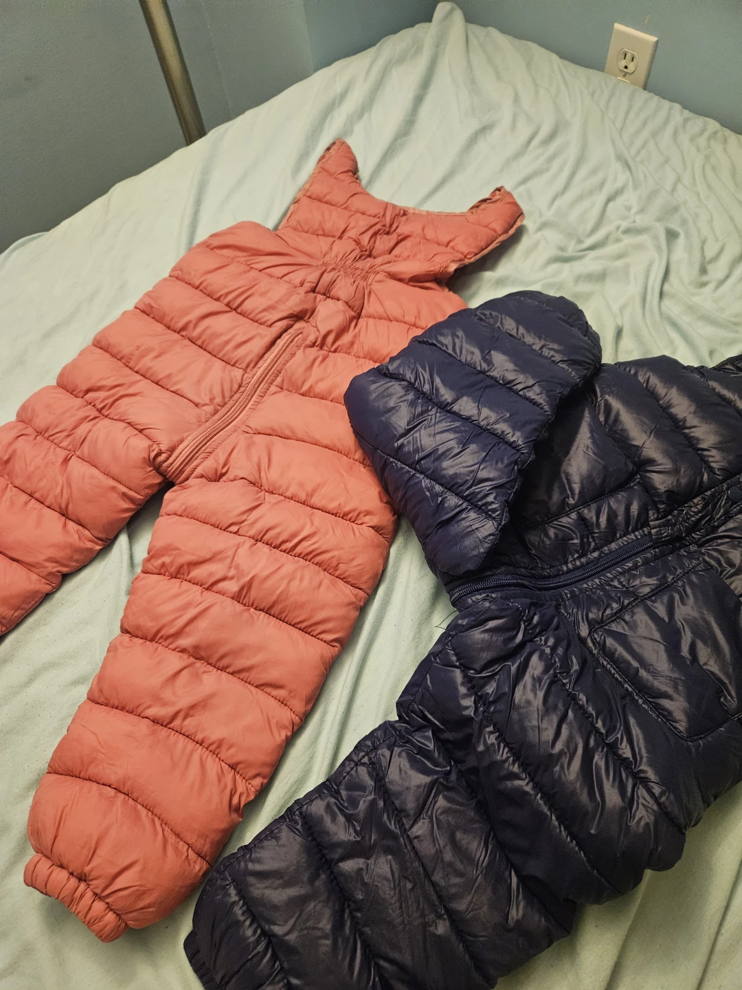 Quilted Puffer Snowsuit and Vest Set - Navy and Coral