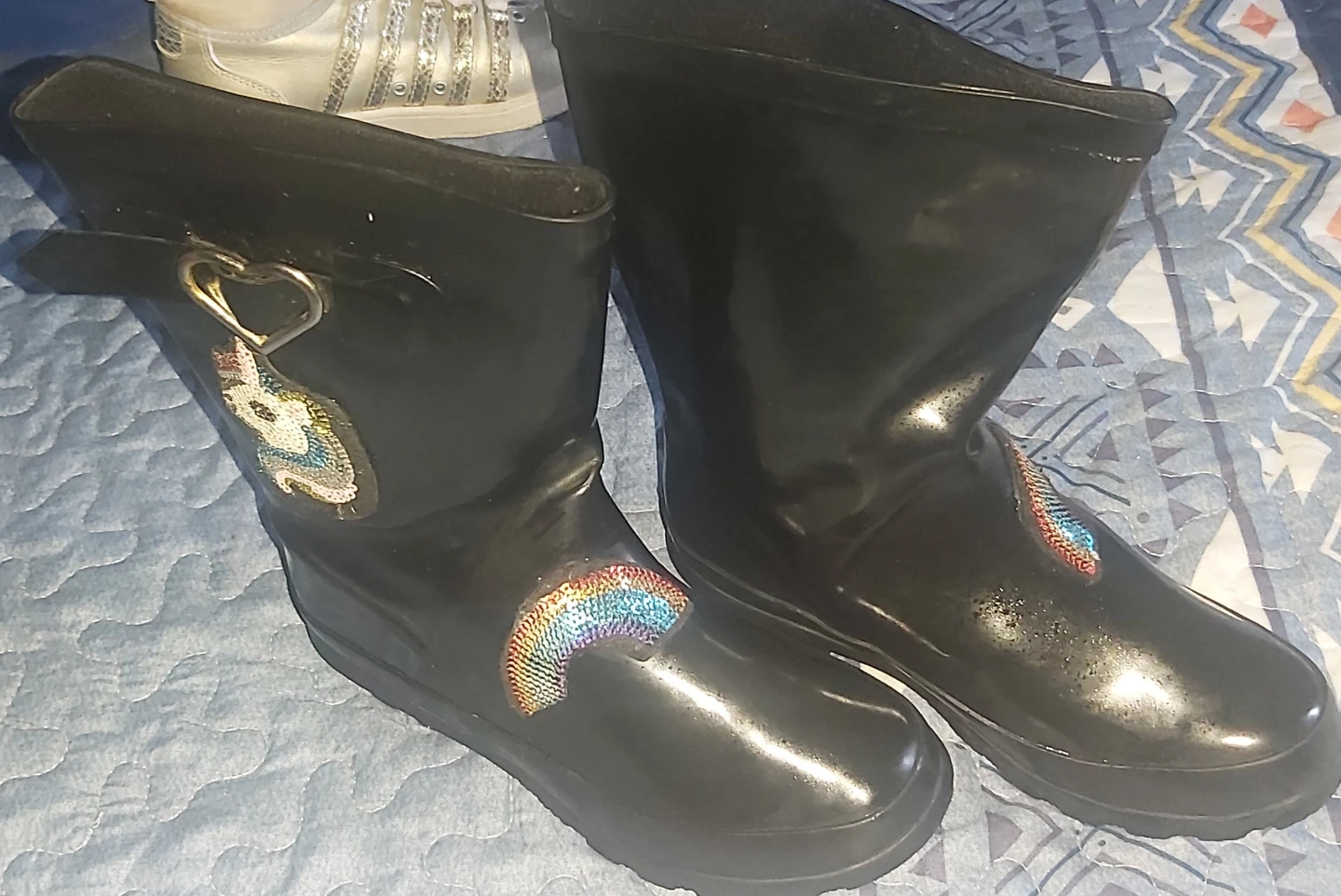 Black Rubber Boots with Cat and Rainbow Embellishments