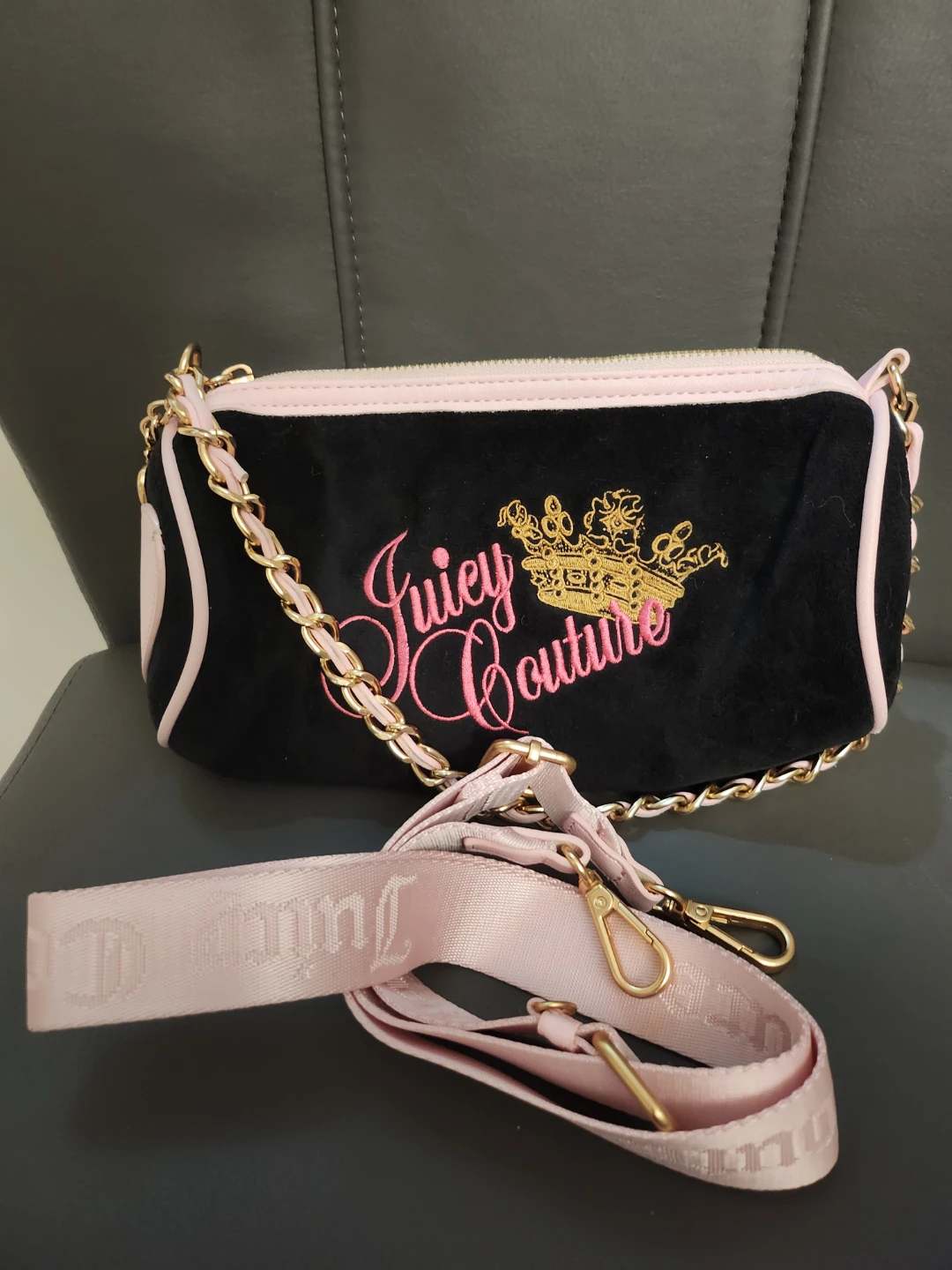 Juicy Couture Black Velour Mini Barrel Bag with Gold Chain