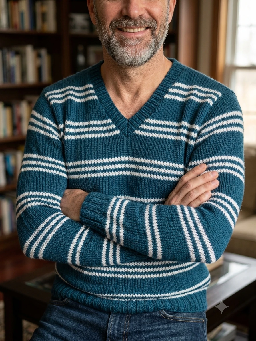 Men's Teal and White Striped V-Neck Sweater