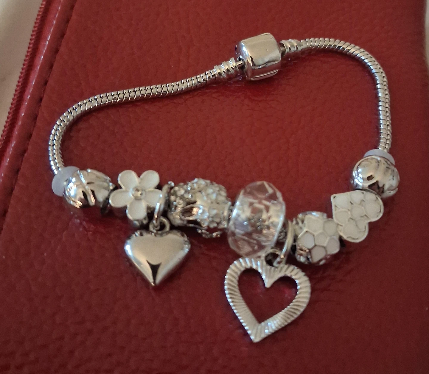 Silver Charm Bracelet with Hearts and Flowers - photo 3