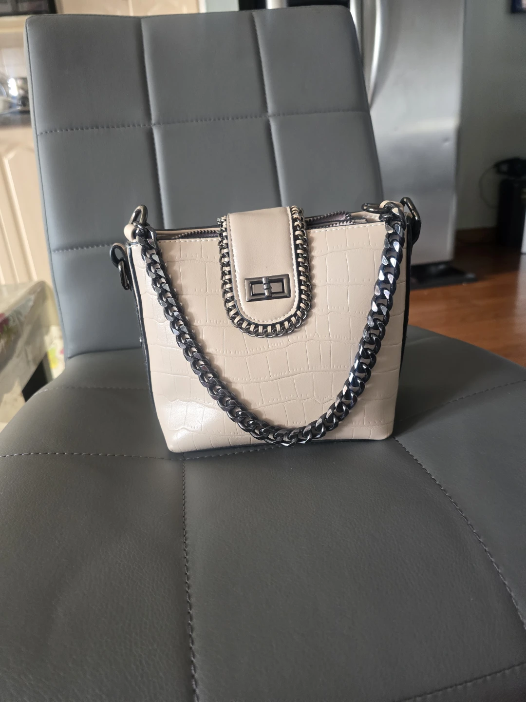 Beige Faux Crocodile Bag with Chain Strap