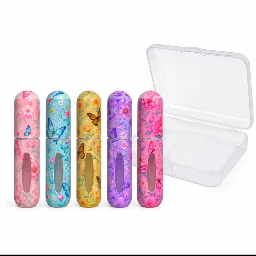 5 Refillable Perfume Bottles with Case