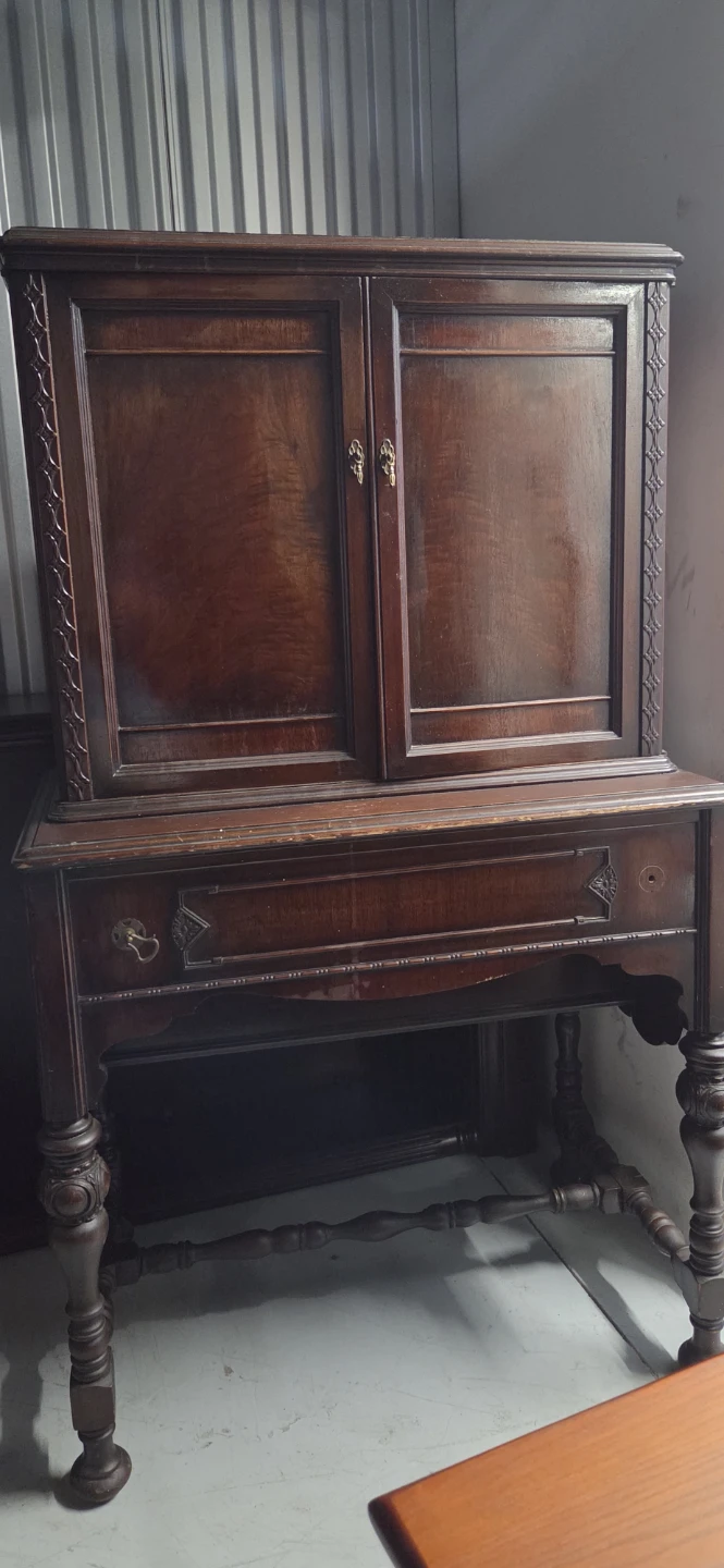 Antique Wooden Cabinet with Red Interior