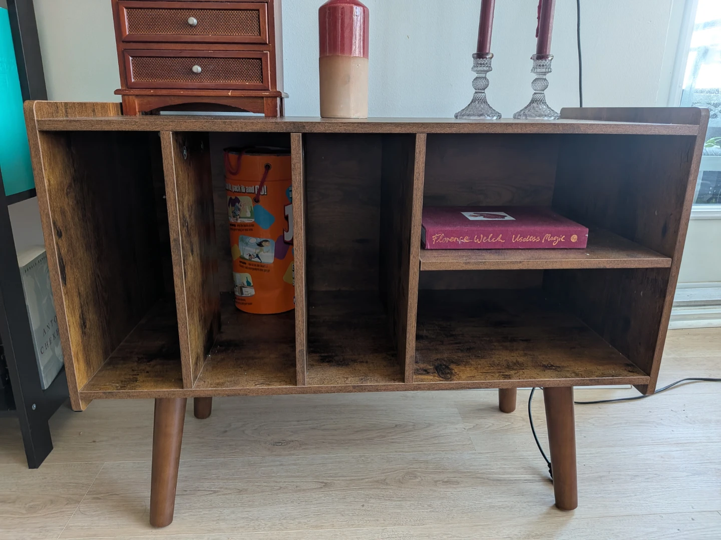 Rustic brown wooden record player stand